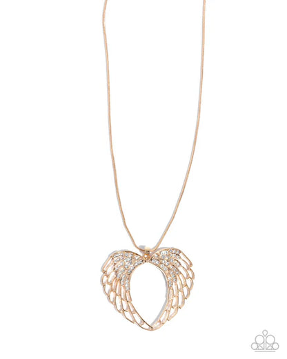 Rose gold angel wing necklace on a white background