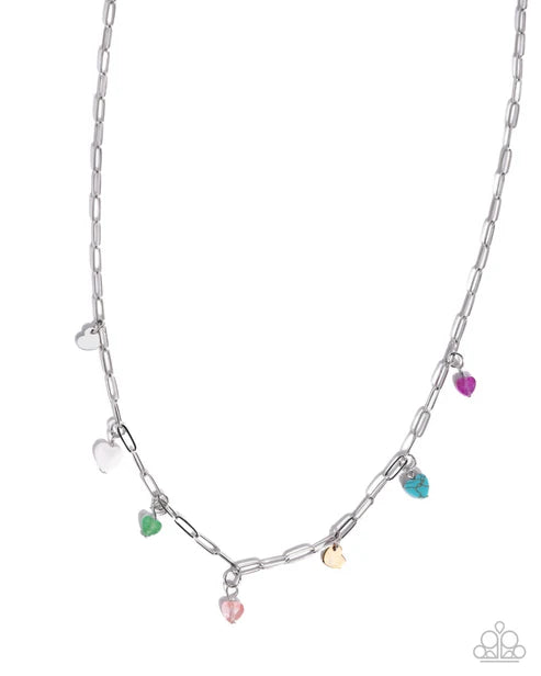 Necklace with colorful heart-shaped charms on a white background