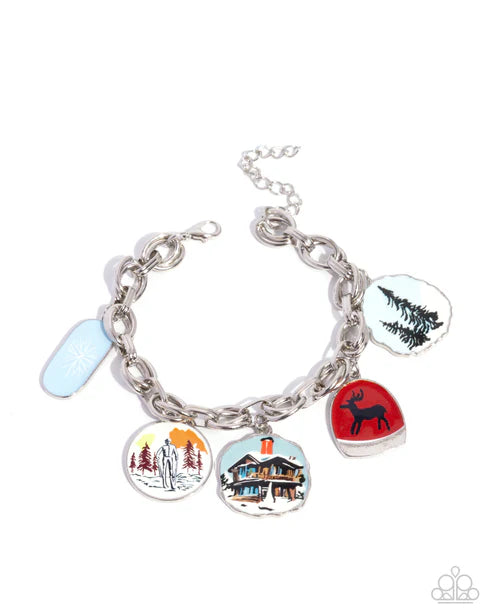 Silver bracelet with colorful charms on a white background