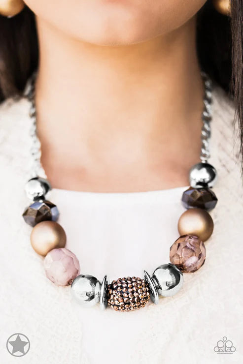 Necklace with multicolored beads worn by a person