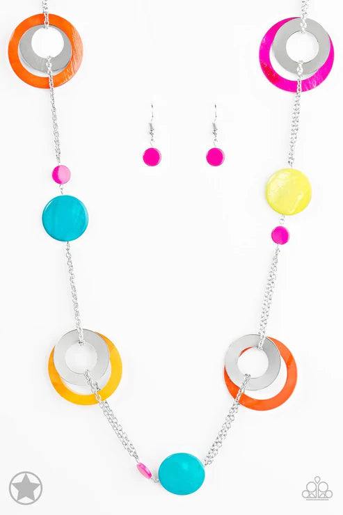 Colorful necklace with circular beads on a white background