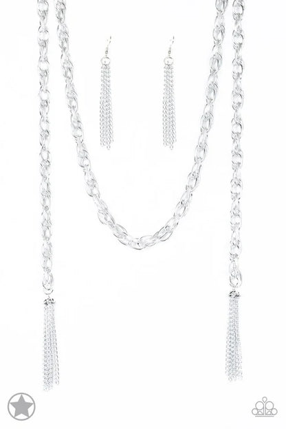 Silver chain necklace with tassels on a white background