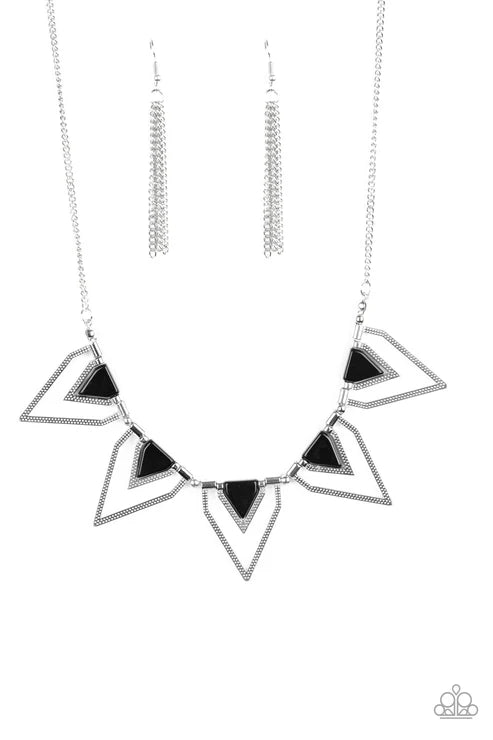 Geometric necklace with black triangle accents on a white background