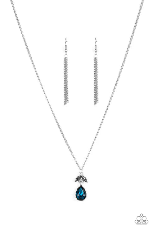Jewelry set with necklace and earrings featuring a blue teardrop pendant on a white background