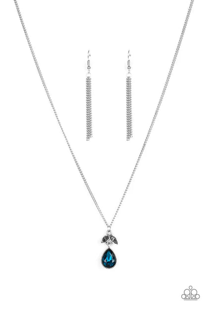 Jewelry set with necklace and earrings featuring a blue teardrop pendant on a white background