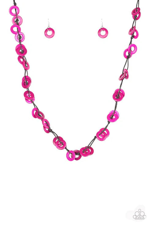 Necklace and earrings set with pink circular links on a white background