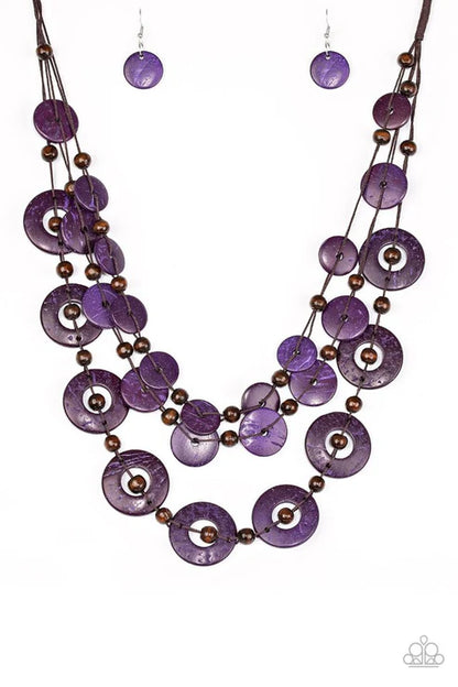Brushed in a shell-like iridescence, vivacious purple wooden discs and round brown wooden beads are knotted along three strands of brown cording for a summery look. Features a button loop closure. Sold as one individual necklace. Includes one pair of matching earrings.