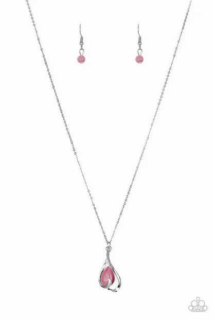 Silver necklace with pink teardrop pendant and matching earrings on a white background