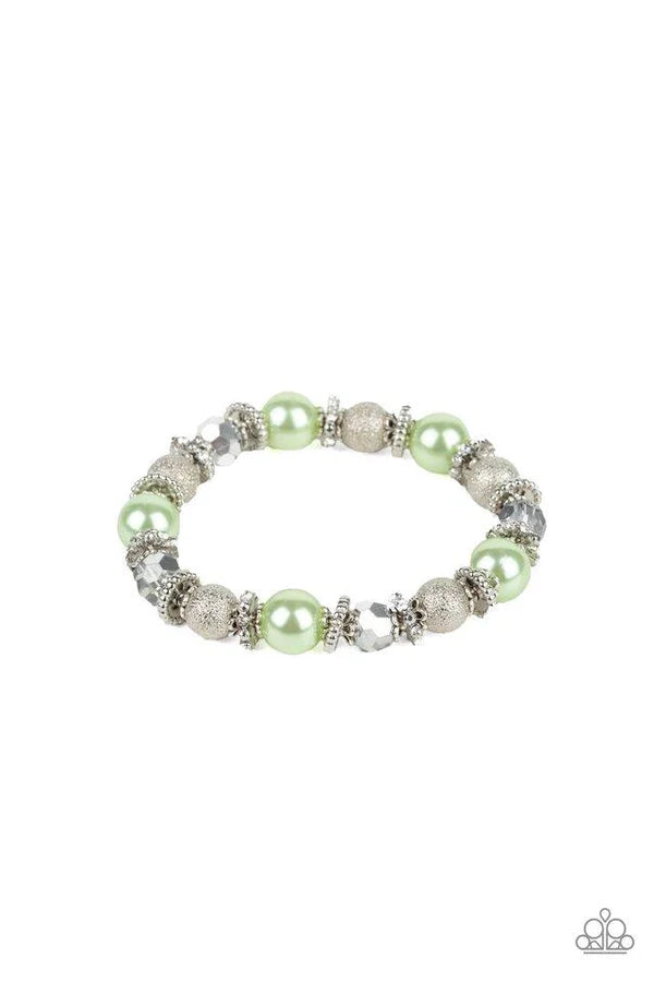 Bracelet with green and silver beads on a white background