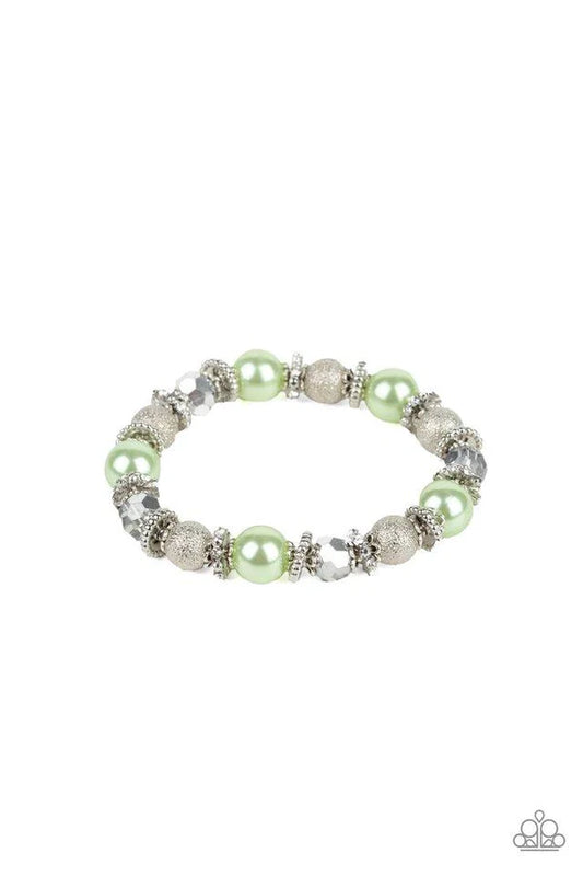 Bracelet with green and silver beads on a white background