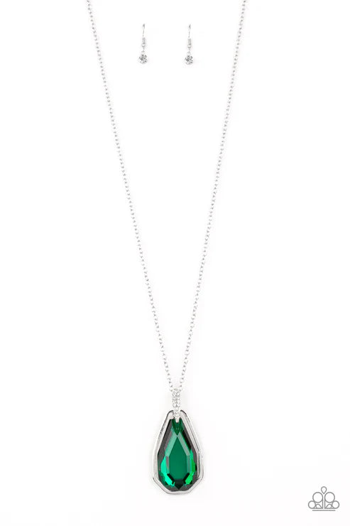 Green teardrop pendant necklace with matching earrings on a white background