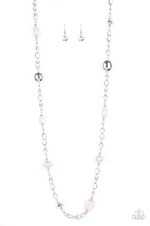 Silver chain necklace with pink beads on a white background