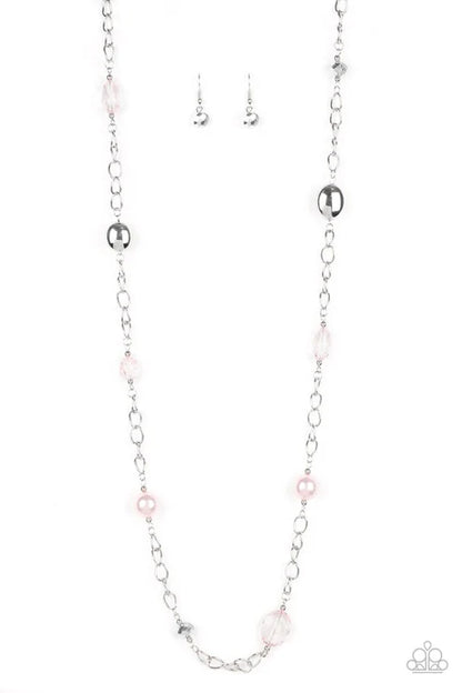 Silver chain necklace with pink beads on a white background