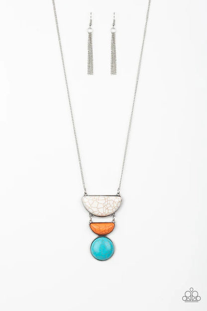 Necklace with colorful pendant and matching earrings on a white background