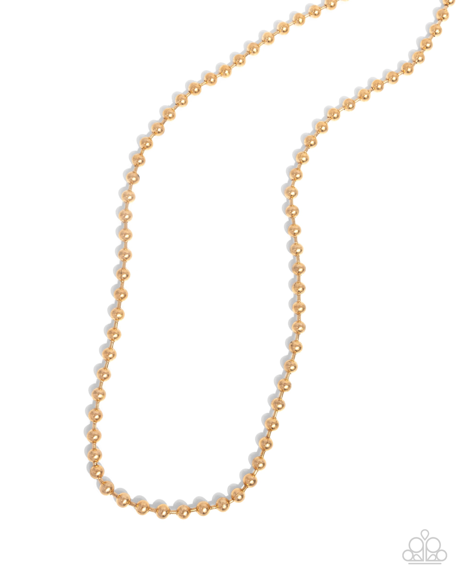 Gold beaded necklace on a white background