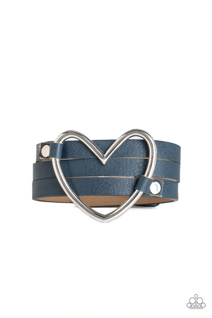 Blue leather belt with a silver heart-shaped buckle on a white background