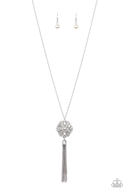 Silver necklace with tassel and matching earrings on a white background