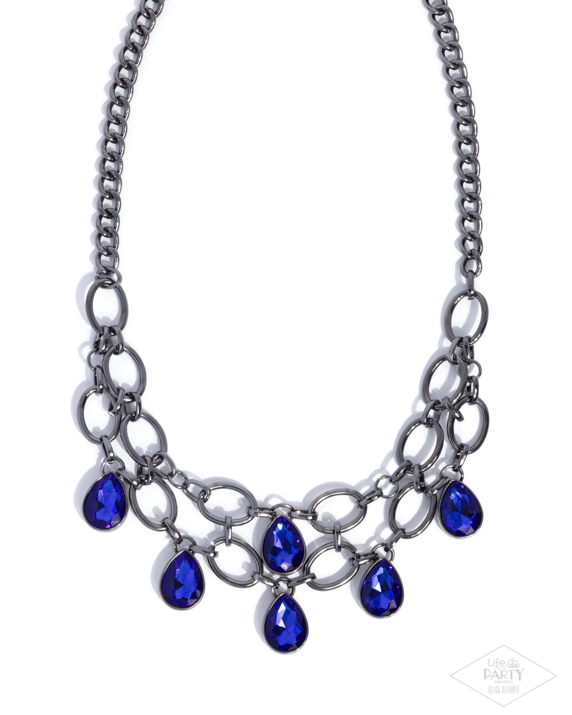 Necklace with blue teardrop pendants on a white background