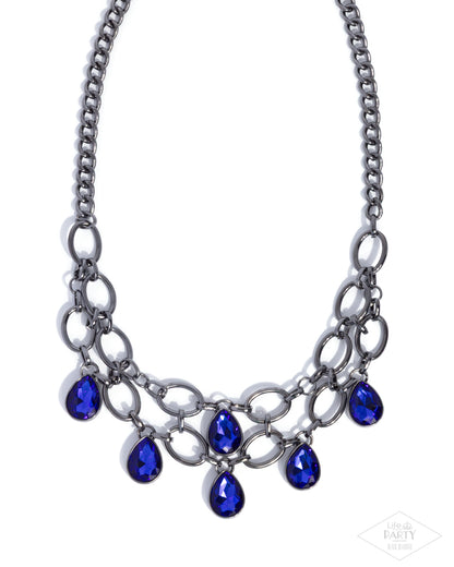 Necklace with blue teardrop pendants on a white background
