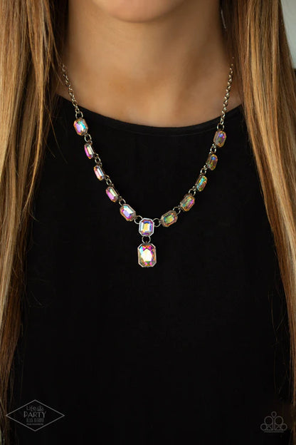 Necklace with iridescent beads on a black background