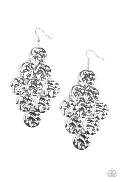 A pair of silver-toned dangle earrings with a textured, overlapping circular cluster design, shown against a plain white background.