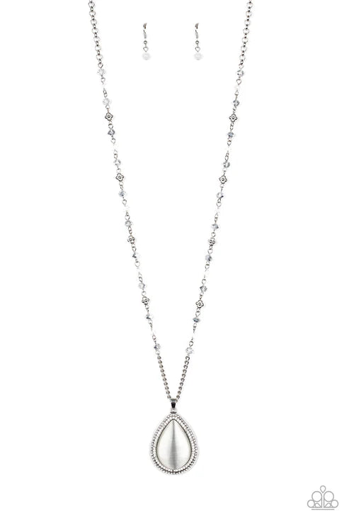 Silver teardrop pendant necklace on a white background