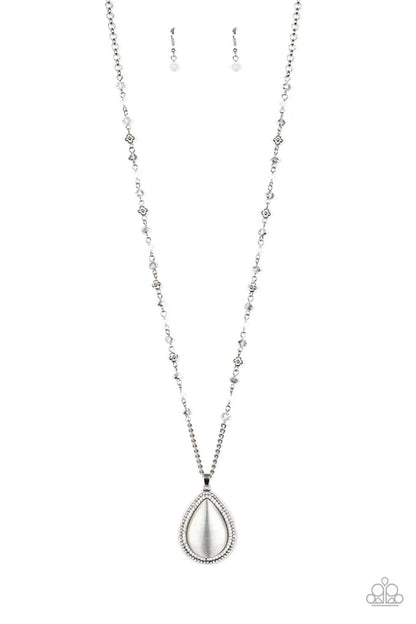 Silver teardrop pendant necklace on a white background