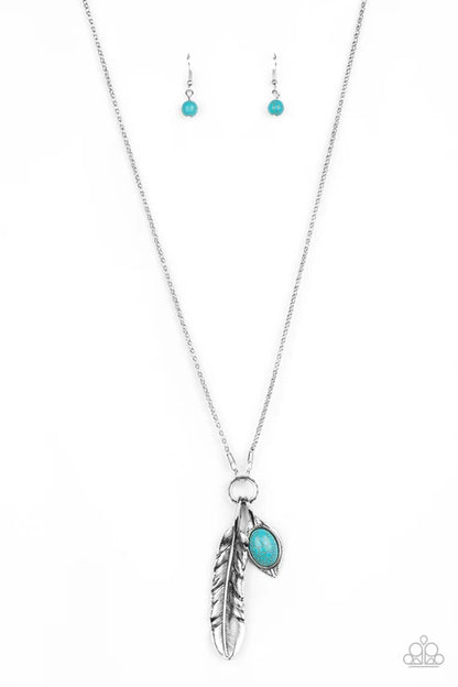 Necklace with feather and turquoise stone pendant on a white background