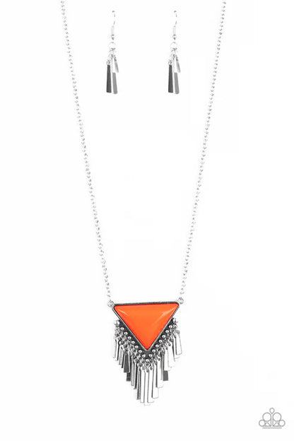 Necklace with orange triangle pendant and silver fringe on a white background
