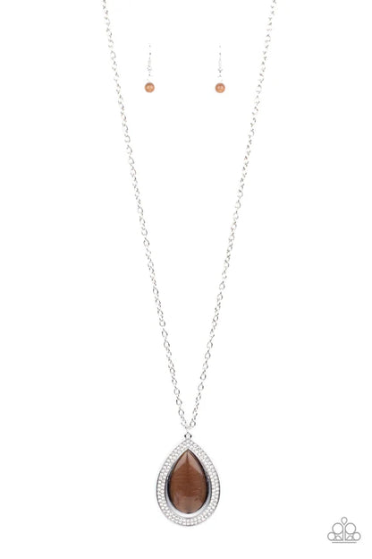 Necklace with a teardrop-shaped brown pendant on a white background