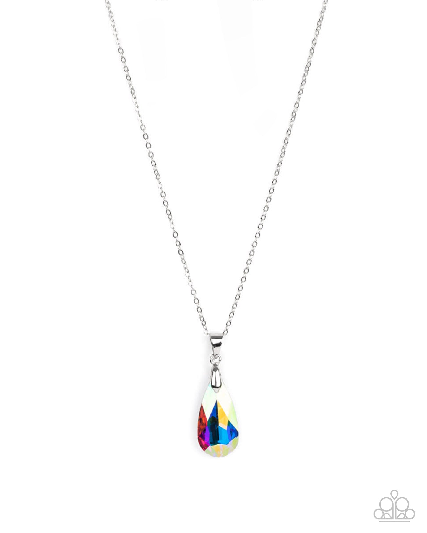 Necklace with a colorful teardrop pendant on a white background