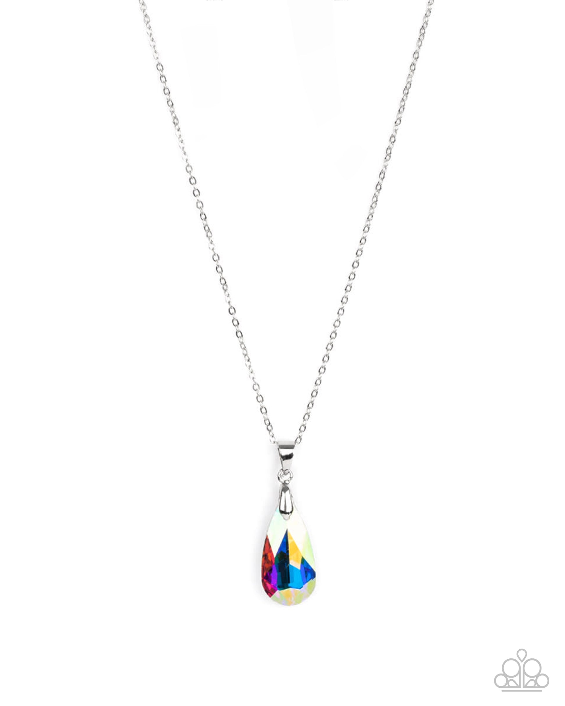 Necklace with a colorful teardrop pendant on a white background