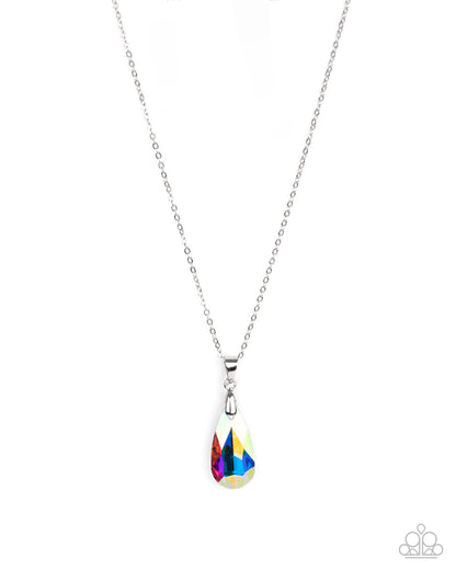 Necklace with a colorful teardrop pendant on a white background