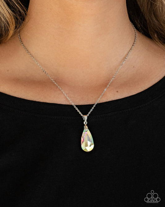 Necklace with a teardrop-shaped pendant on a black background