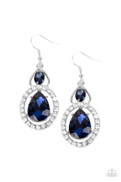 Pair of blue gemstone earrings with silver accents on a white background