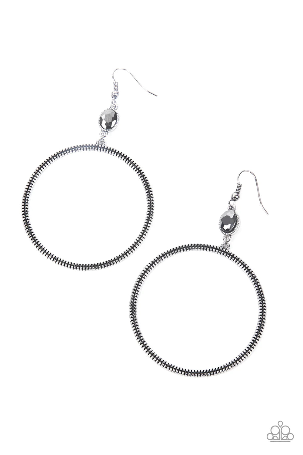 Work That Circuit textured silver circle dangle earrings with oval hematite gems