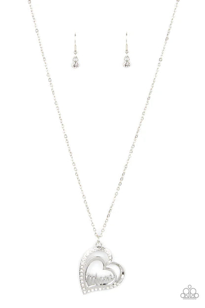 Silver heart-shaped necklace and earrings on a white background