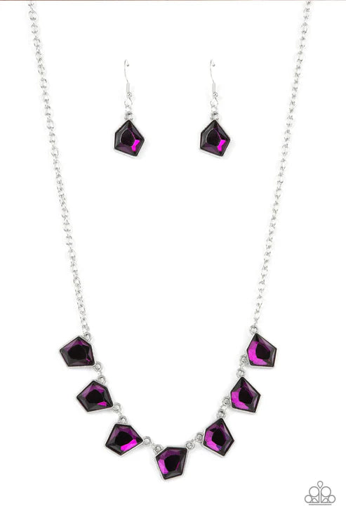 Necklace and earrings set with purple gemstones on a white background