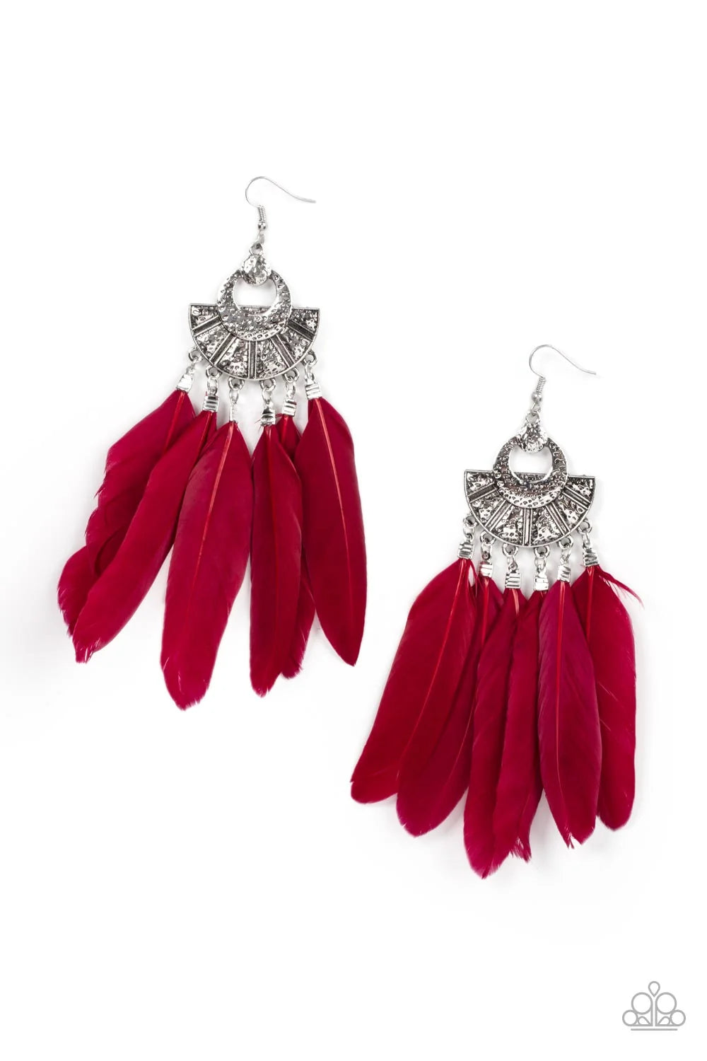 Plume Paradise oversized red feather fringe earrings with silver accents