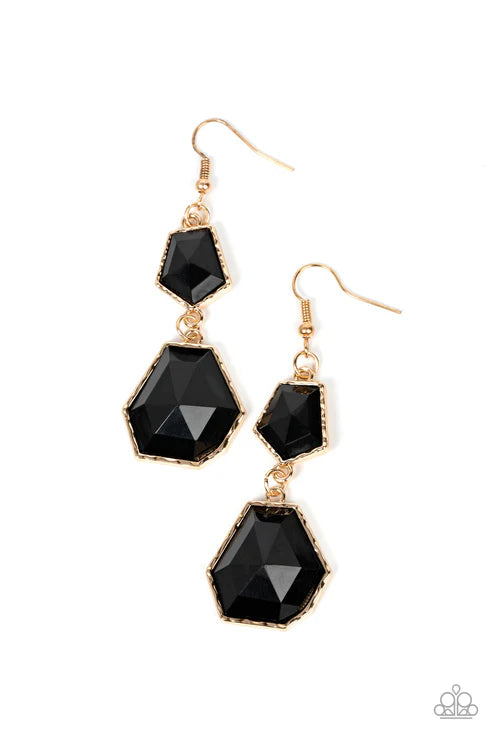 Pair of black gemstone earrings with gold accents on a white background