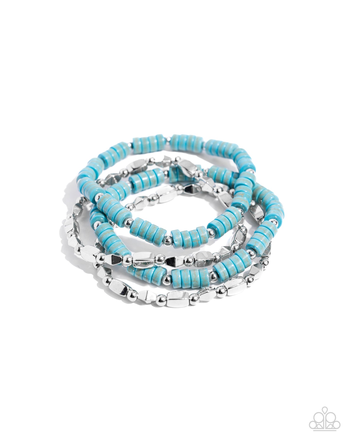 Set of blue and silver beaded bracelets on a white background