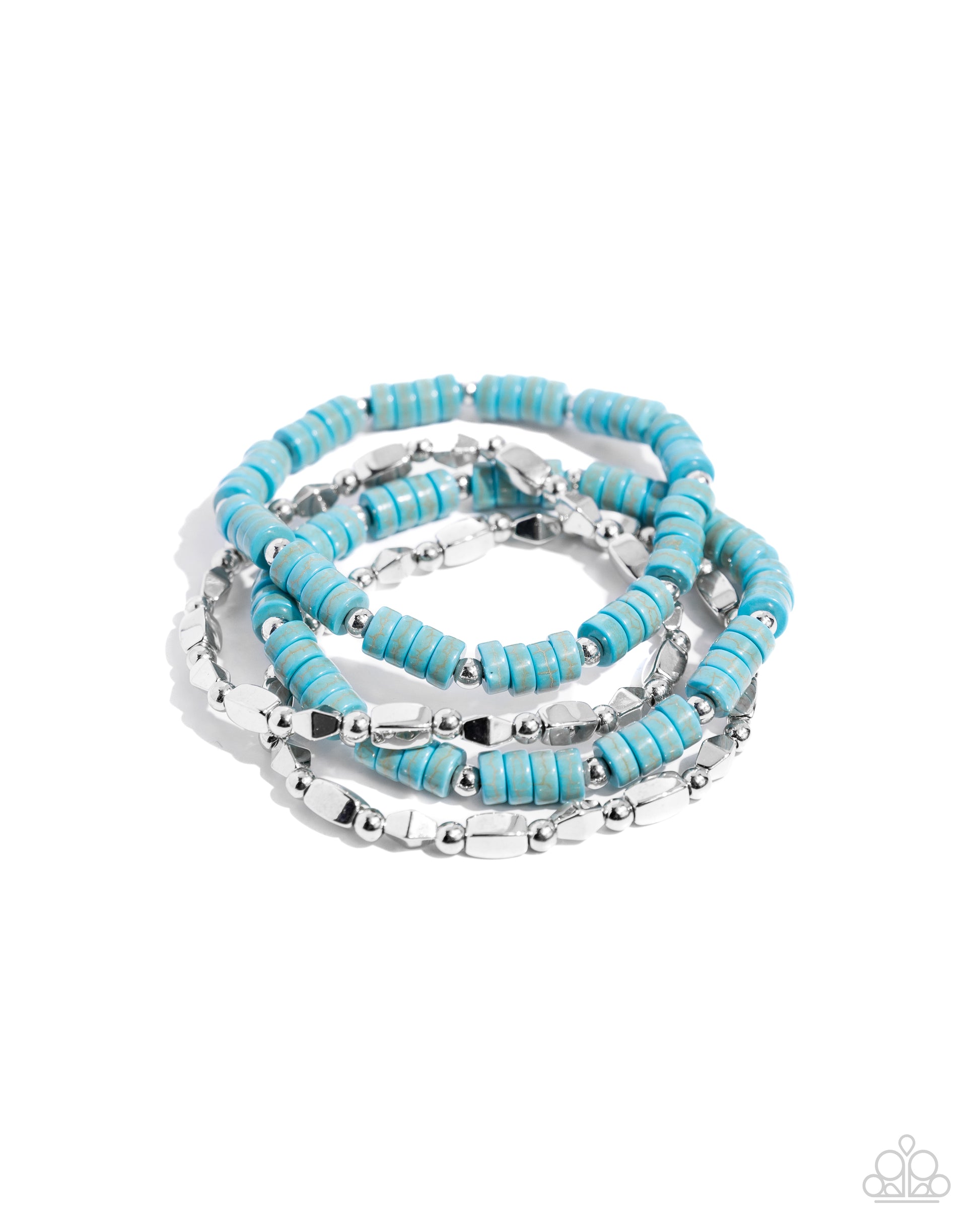 Set of blue and silver beaded bracelets on a white background