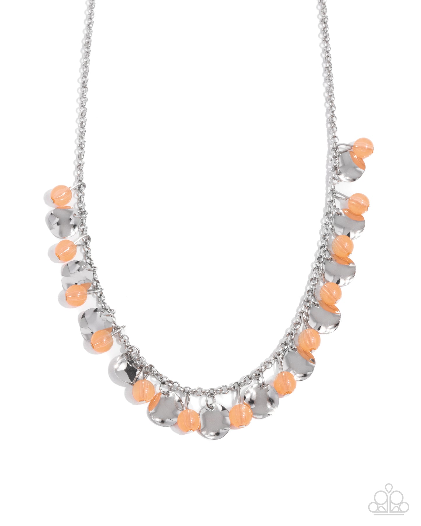 Necklace with orange beads and silver accents on a white background