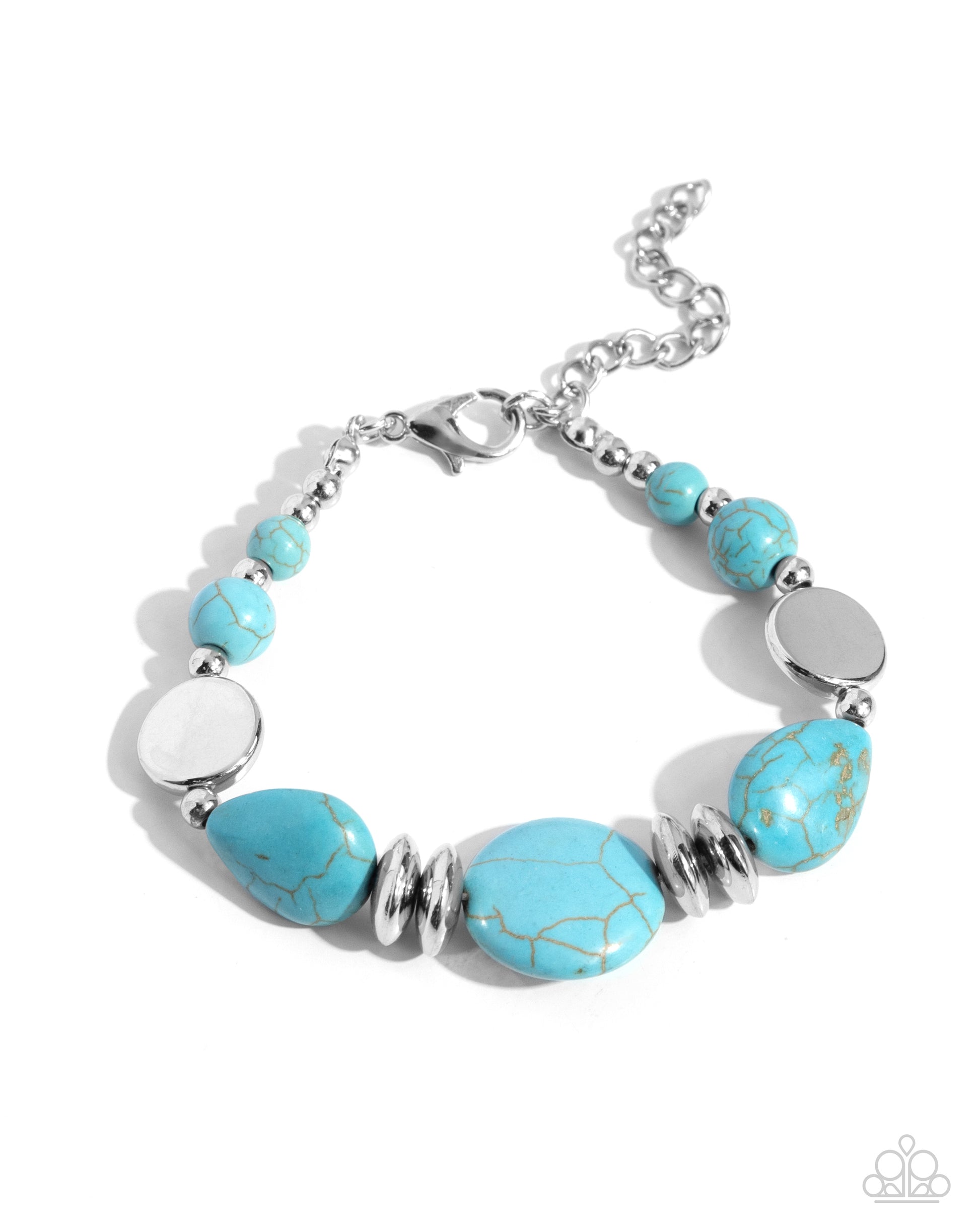 Turquoise beaded bracelet with silver accents on a white background