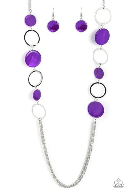Purple beaded necklace and earrings on a white background