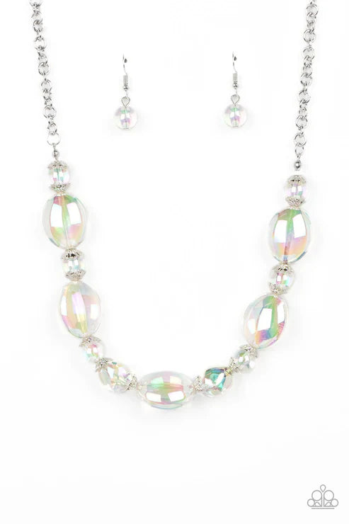 Necklace with iridescent beads on a white background
