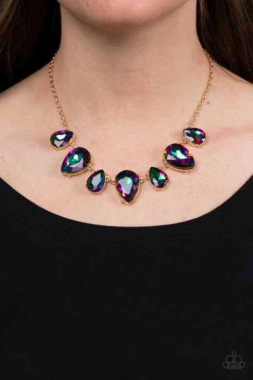 Necklace with multicolored gemstones on a black background