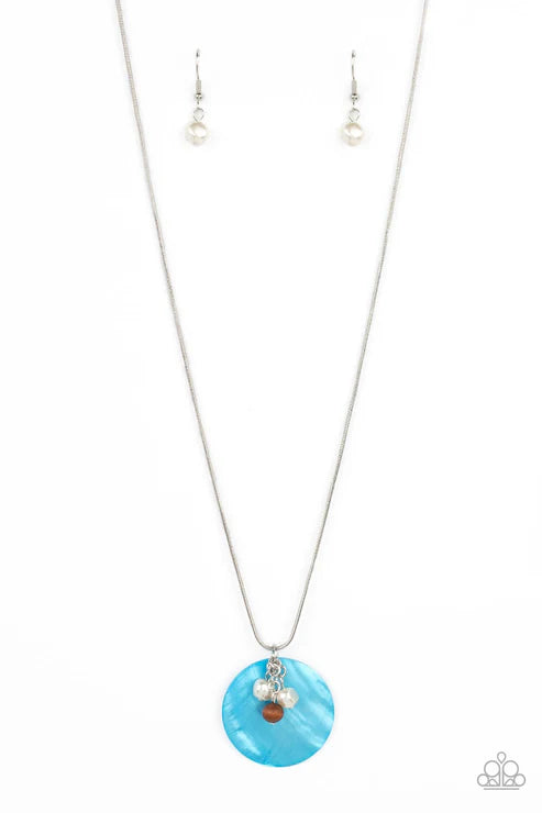 Necklace with a blue pendant and matching earrings on a white background