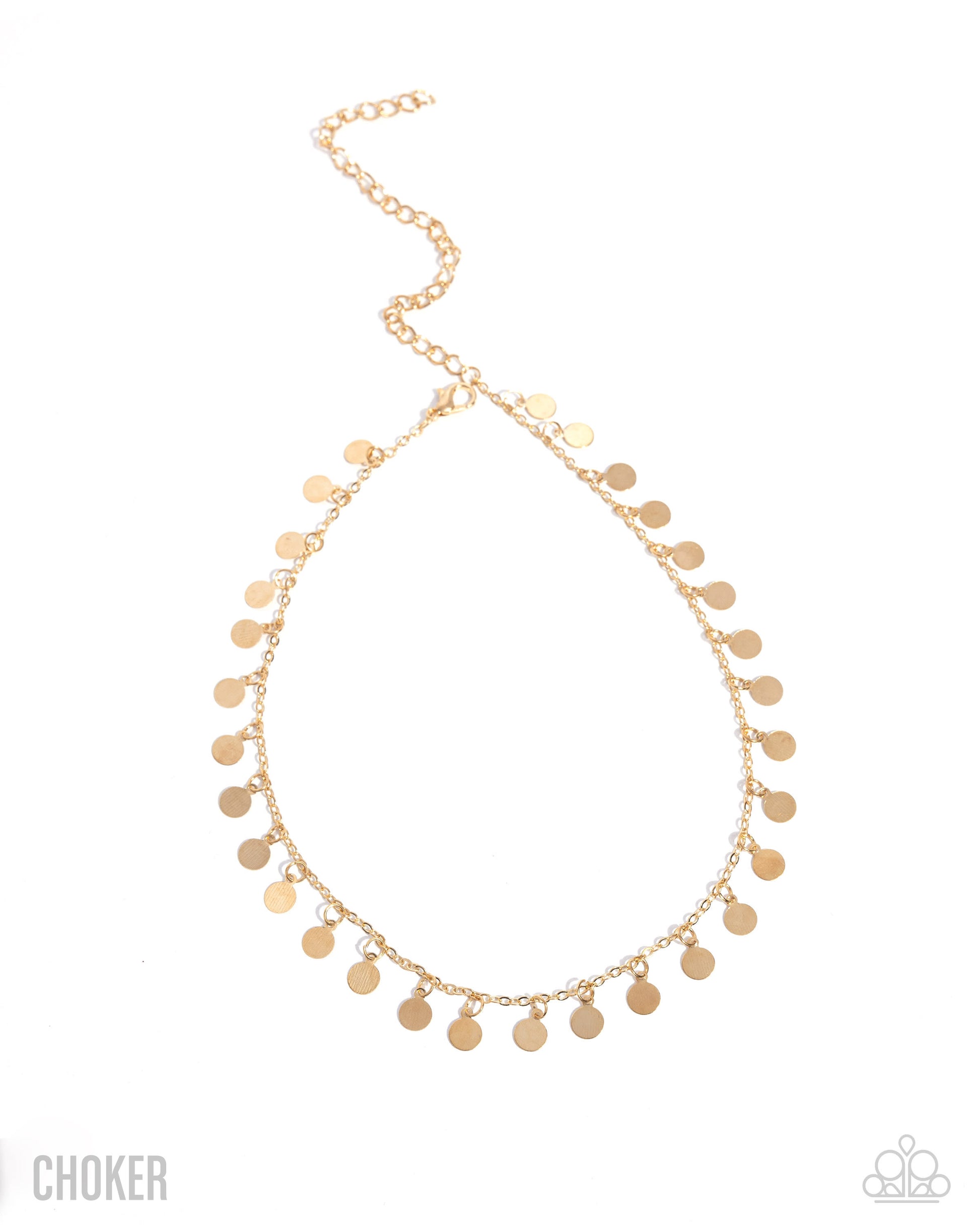 A gold-toned chain necklace with multiple small round disc charms, displayed against a plain white background. The word 'CHOKER' appears in the bottom-left corner, and a small logo is visible in the bottom-right corner.