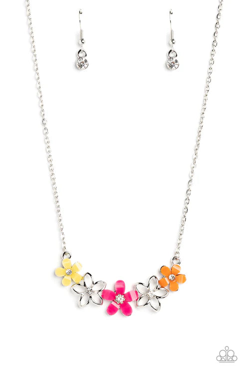 Necklace with colorful floral pendants and matching earrings on a white background